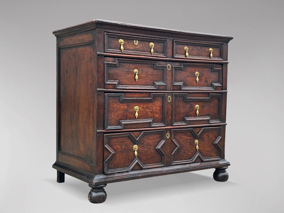 17th Century Charles II Period Oak Geometric Chest Of Drawers