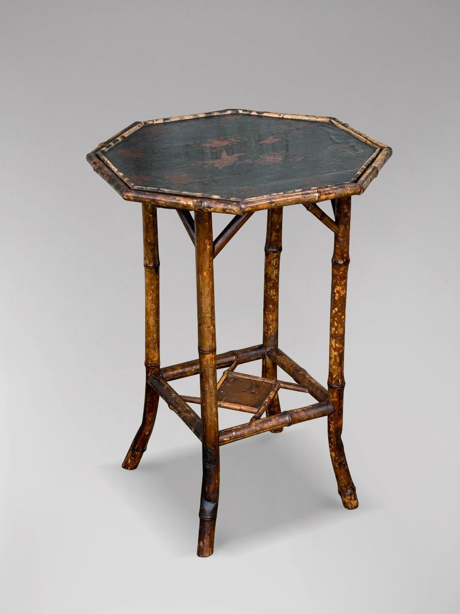 19th Century Octagon Hand Painted Tiger Bamboo Side Table-photo-2