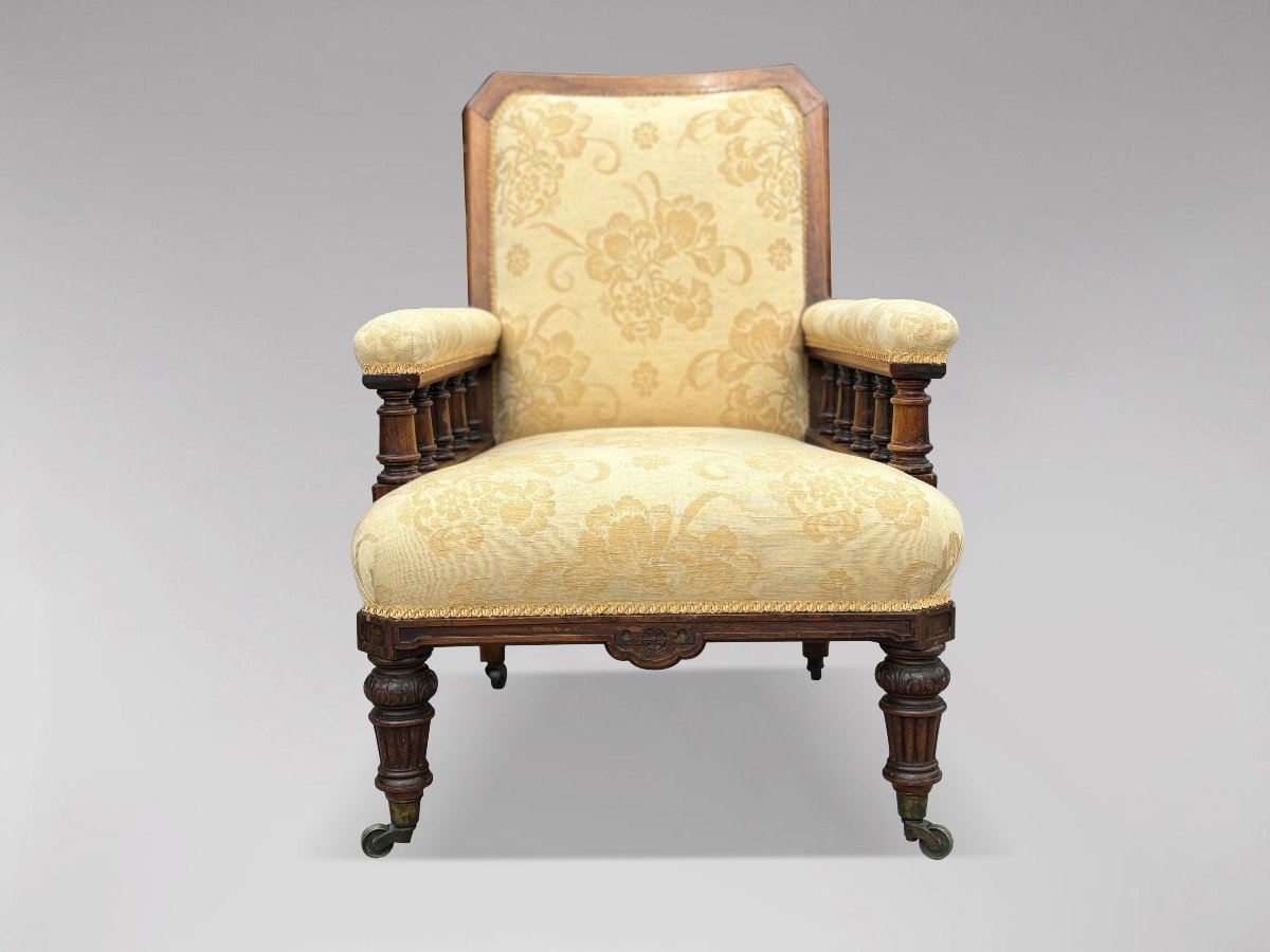 19ème Siècle, Fauteuil de Bibliothèque en Noyer d'Époque Victorienne -photo-3