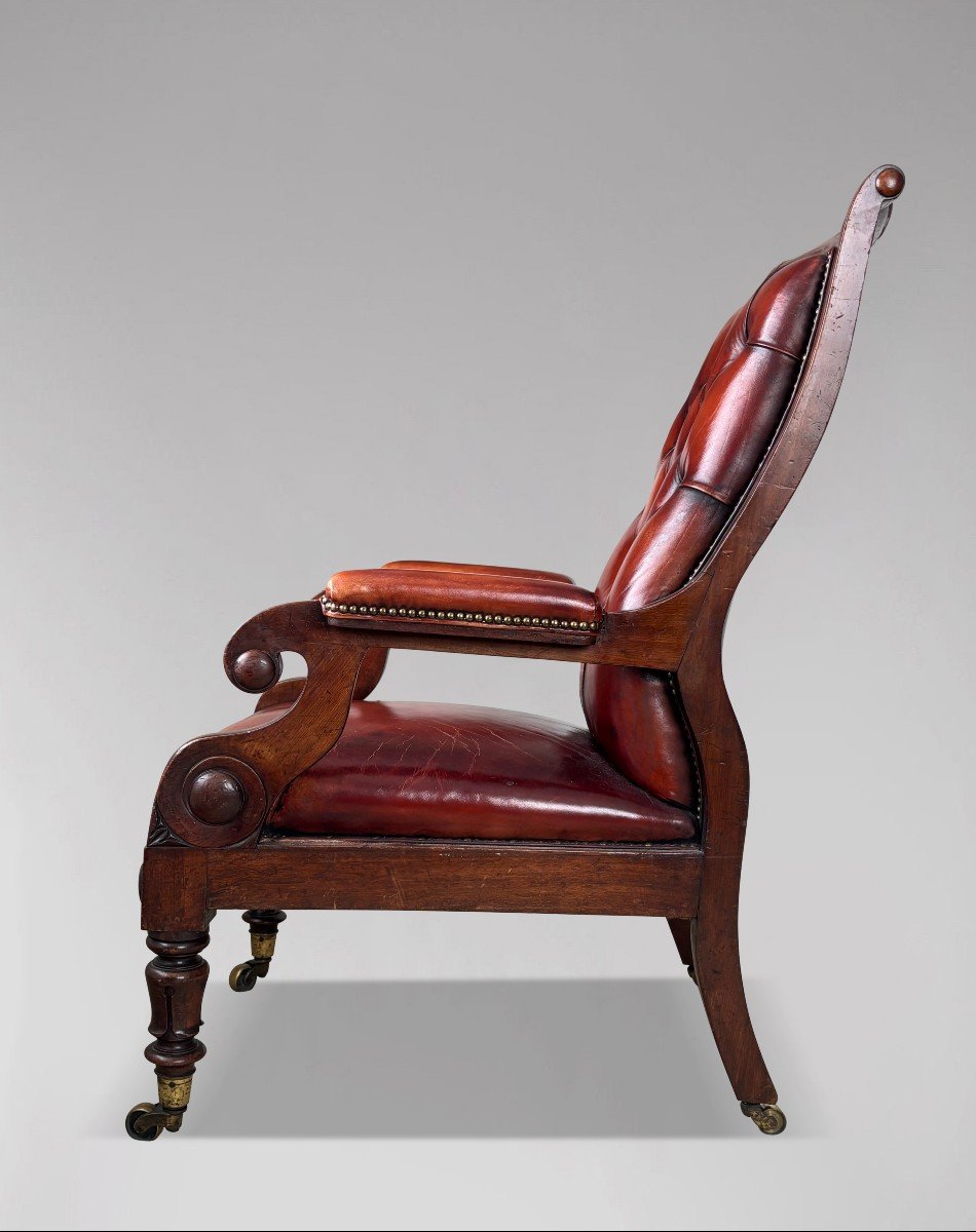 19ème Siècle, Fauteuil de Bibliothèque en Acajou et Cuir d'Époque Guillaume IV -photo-3