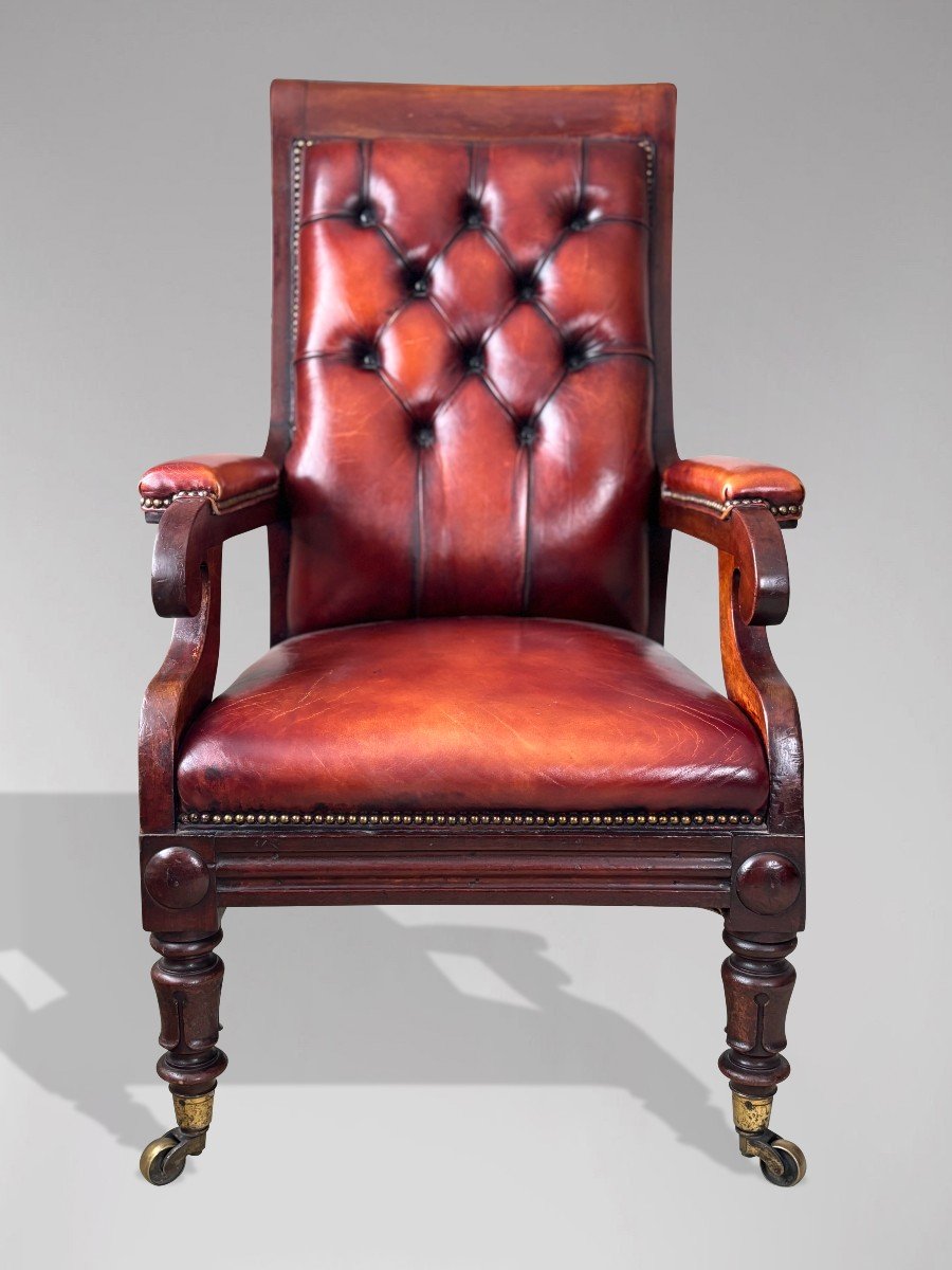 19ème Siècle, Fauteuil de Bibliothèque en Acajou et Cuir d'Époque Guillaume IV -photo-4