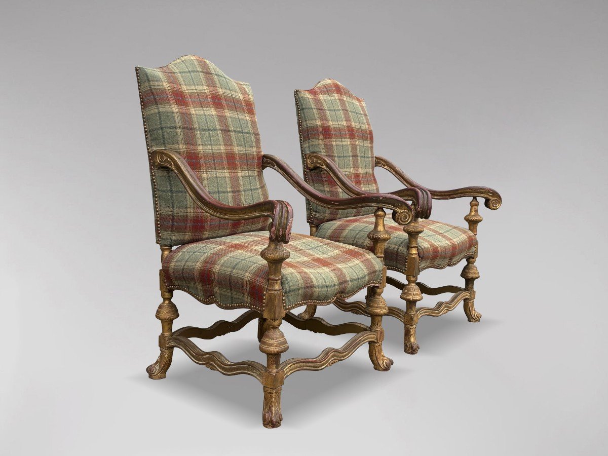 19ème siècle, Paire de Grands Fauteuils Français en Bois Doré -photo-2