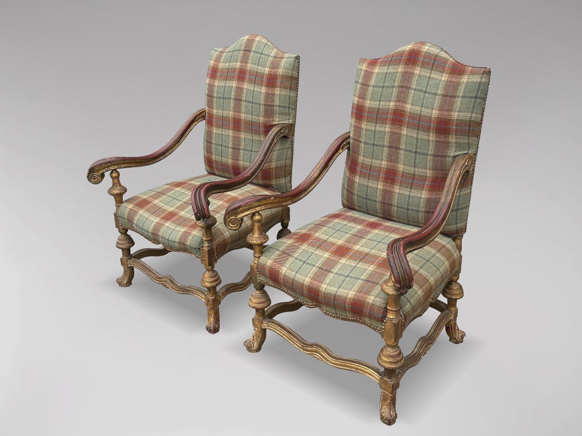 19ème siècle, Paire de Grands Fauteuils Français en Bois Doré -photo-6