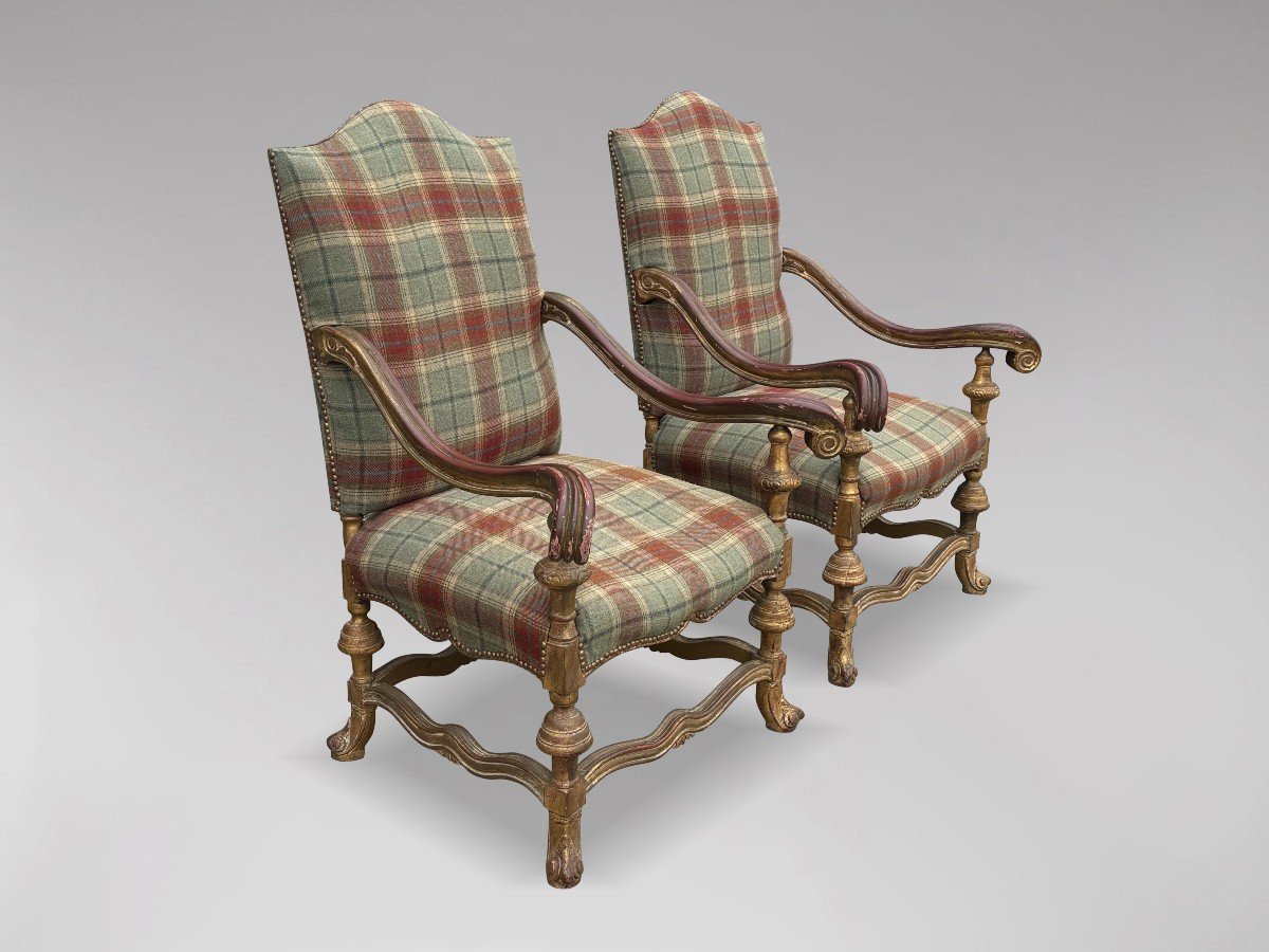 19ème siècle, Paire de Grands Fauteuils Français en Bois Doré -photo-7