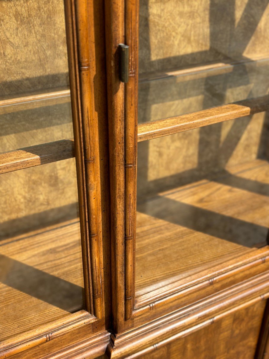 Mid-century Faux Bamboo Walnut Display Cabinet By Stanley Furniture-photo-3