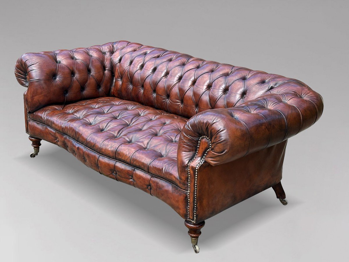 19ème Siècle, Canapé Chesterfield en Cuir Marron d'Époque Victorienne-photo-2