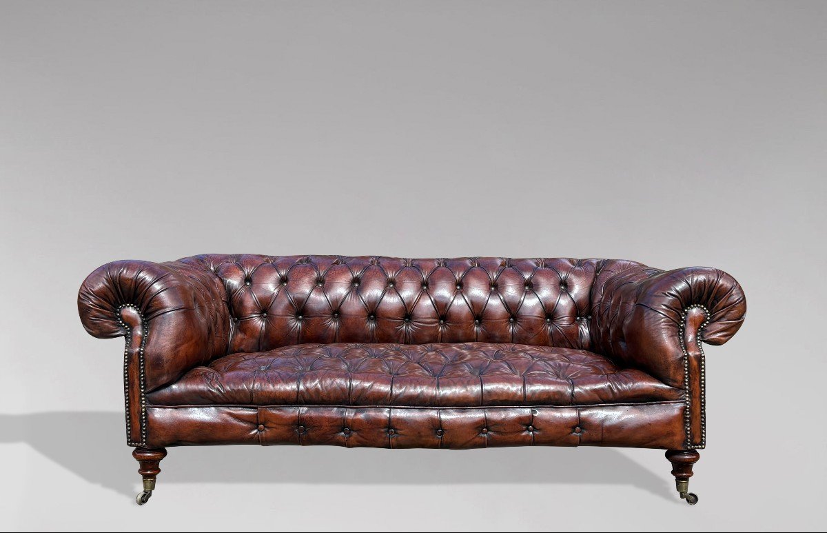 19ème Siècle, Canapé Chesterfield en Cuir Marron d'Époque Victorienne-photo-3