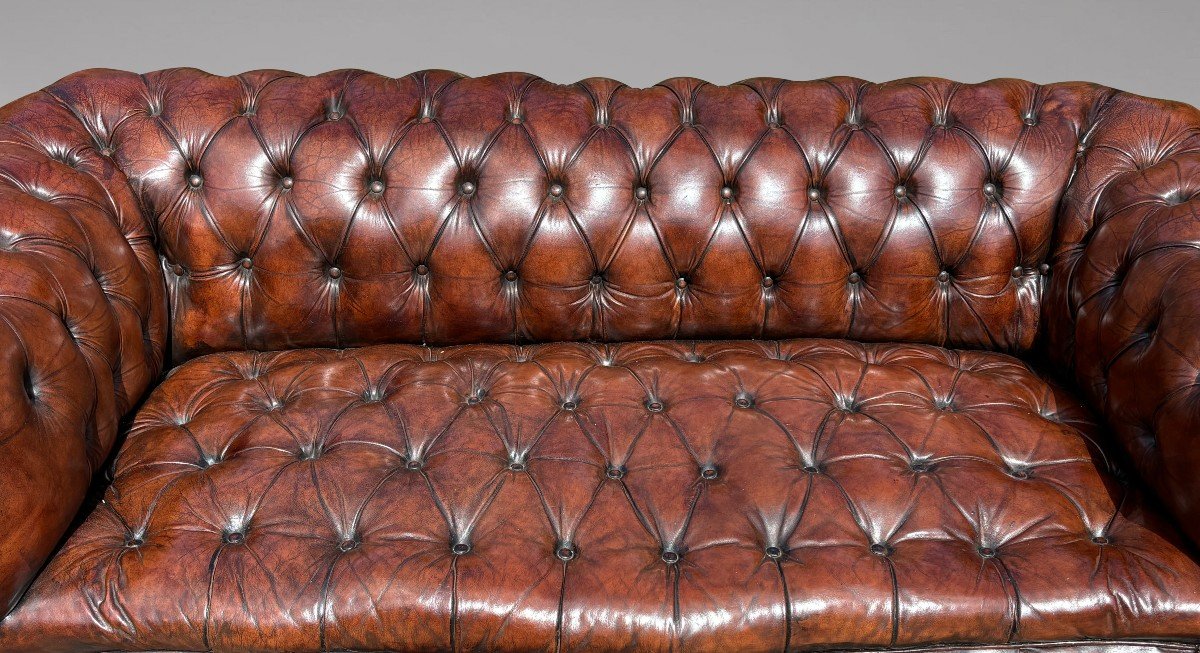 19ème Siècle, Canapé Chesterfield en Cuir Marron d'Époque Victorienne-photo-4