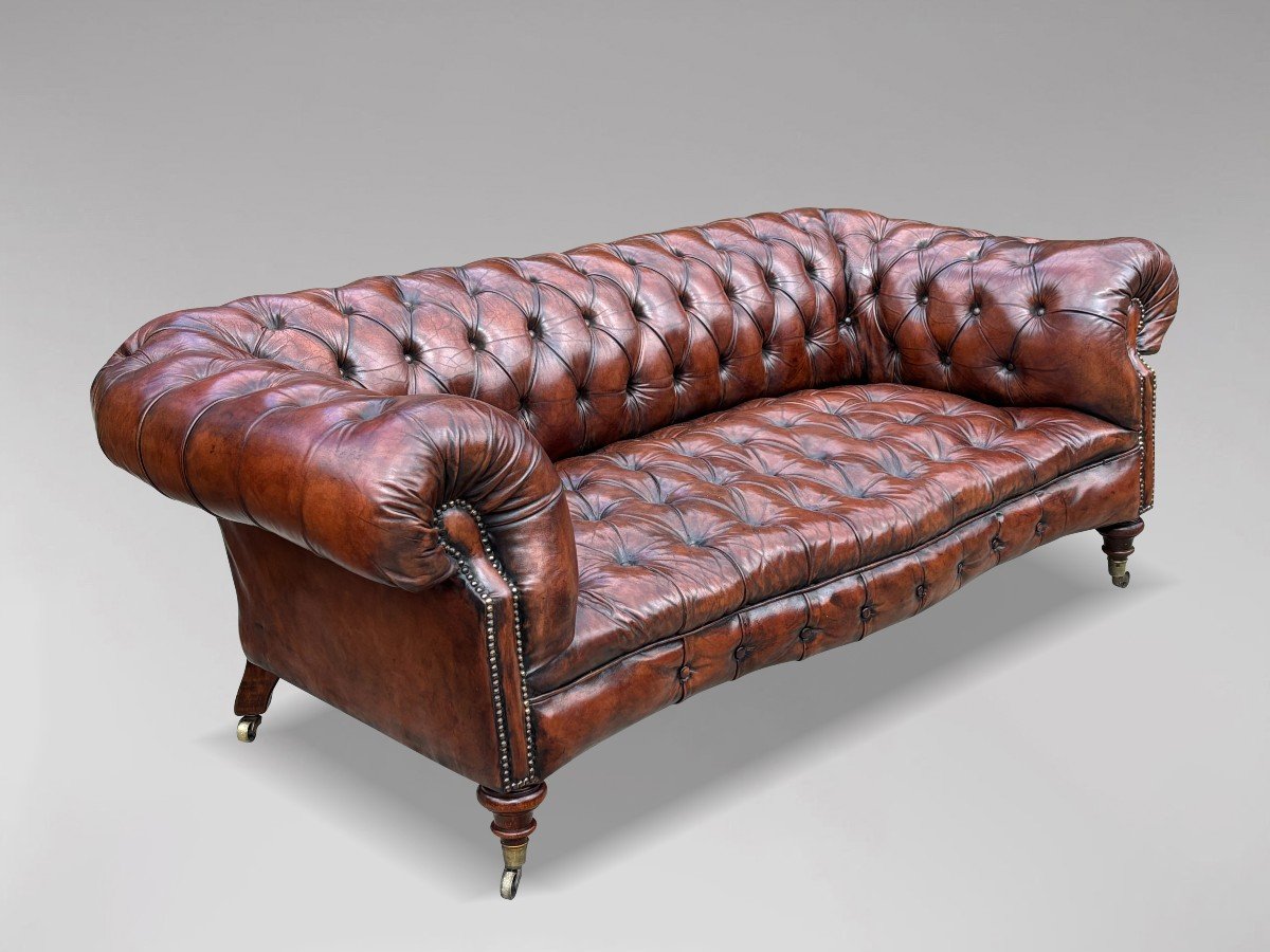 19ème Siècle, Canapé Chesterfield en Cuir Marron d'Époque Victorienne-photo-8