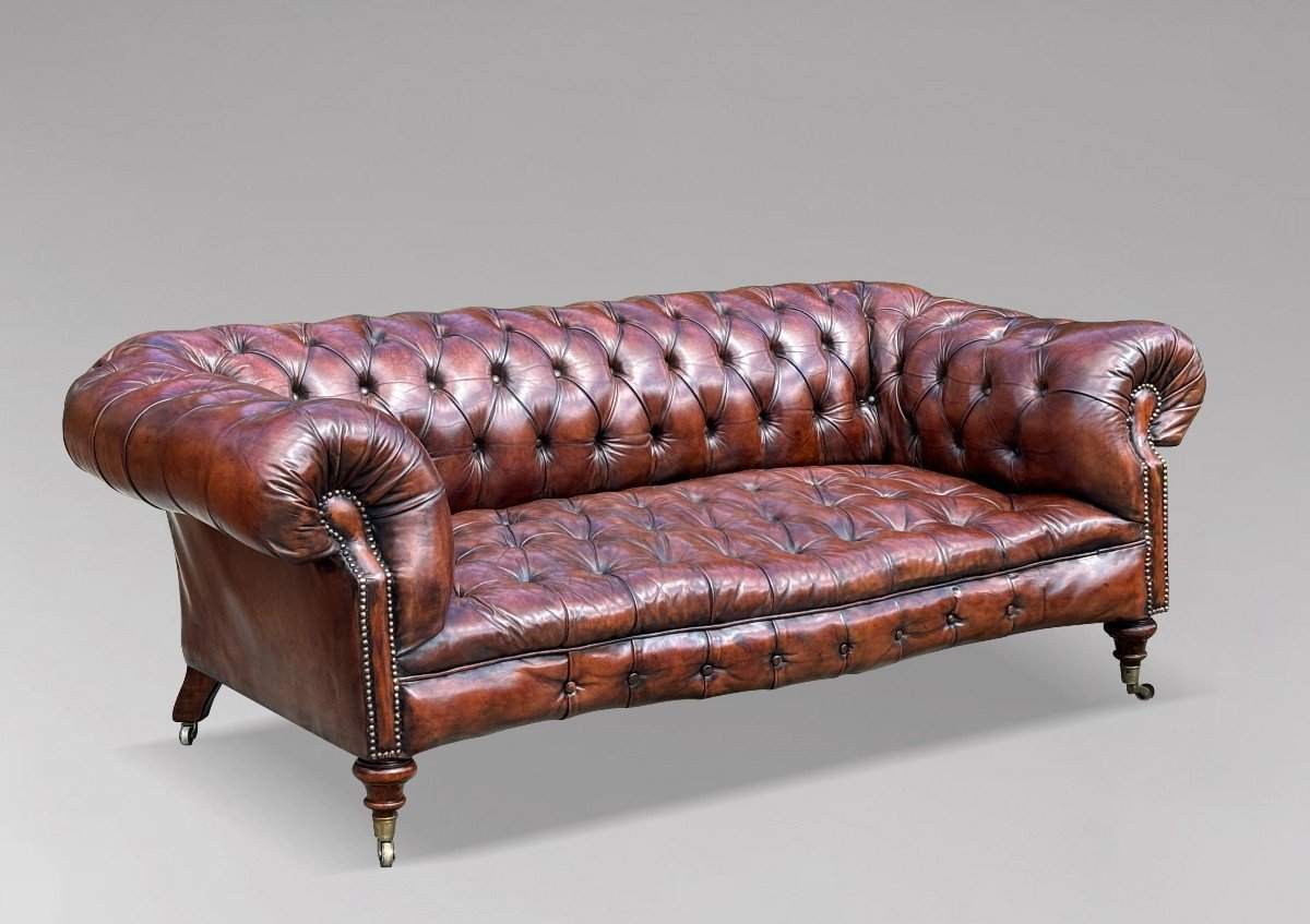 19ème Siècle, Canapé Chesterfield en Cuir Marron d'Époque Victorienne