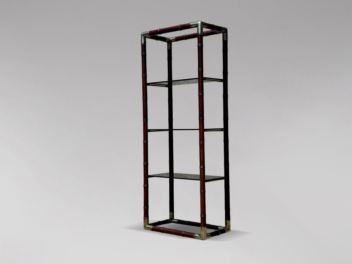 1980s Italian Faux Bamboo Mahogany Smoked Glass Shelf-photo-2