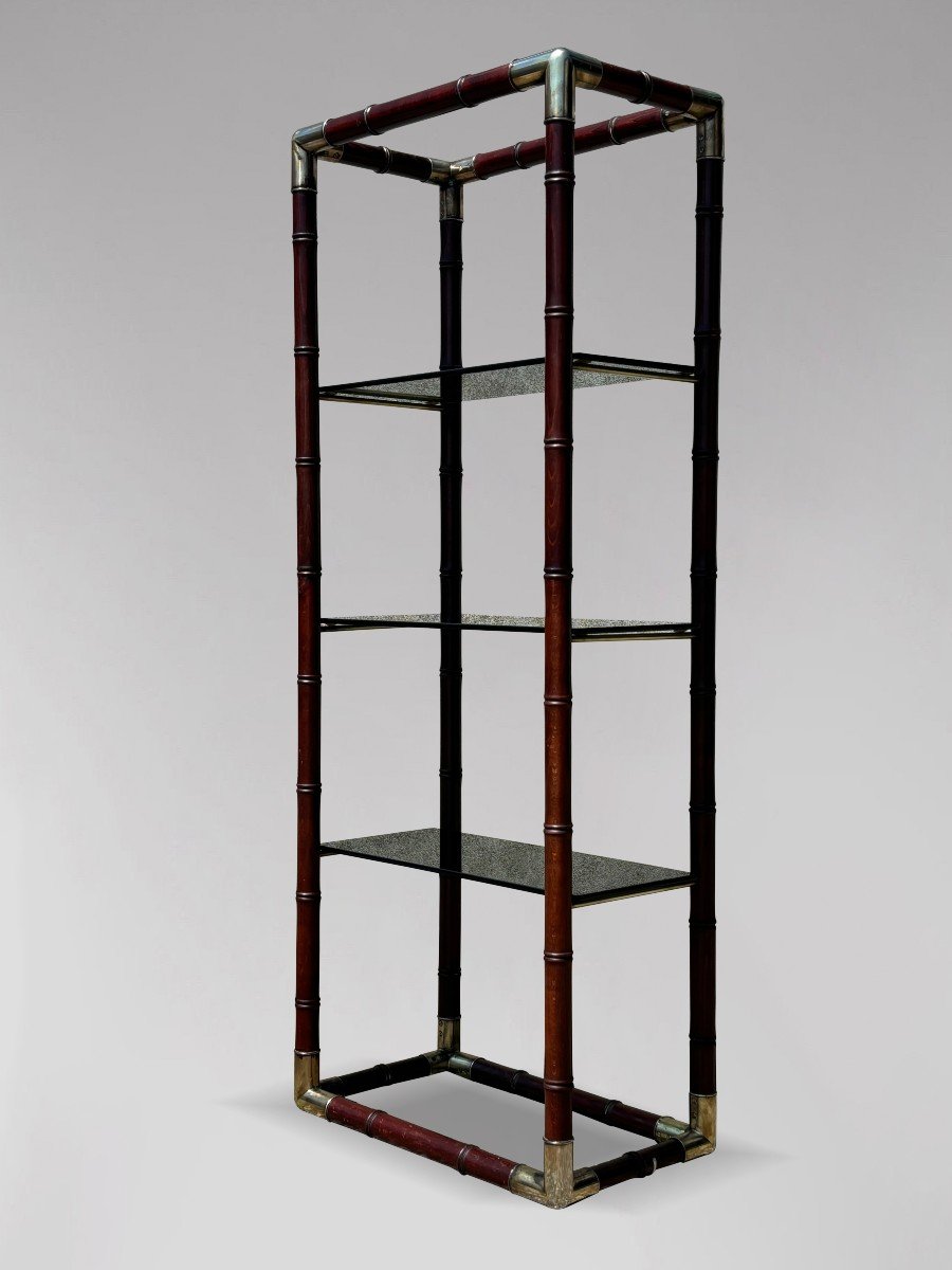 1980s Italian Faux Bamboo Mahogany Smoked Glass Shelf-photo-3