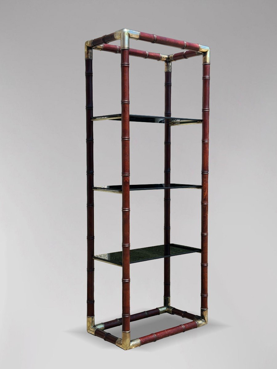 1980s Italian Faux Bamboo Mahogany Smoked Glass Shelf-photo-4