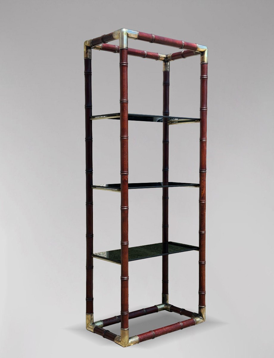 1980s Italian Faux Bamboo Mahogany Smoked Glass Shelf