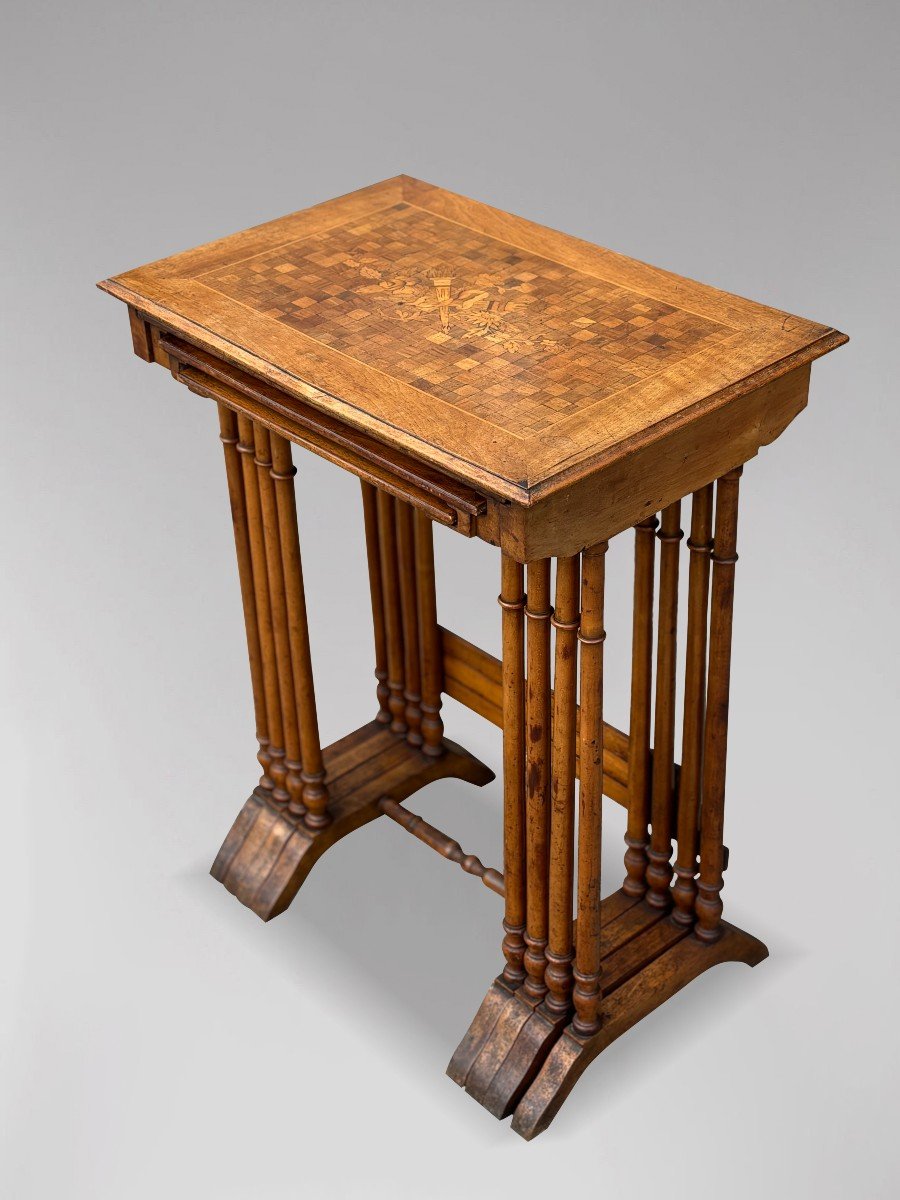 French Walnut Parquetry & Floral Inlay Nest Of Four Tables-photo-3