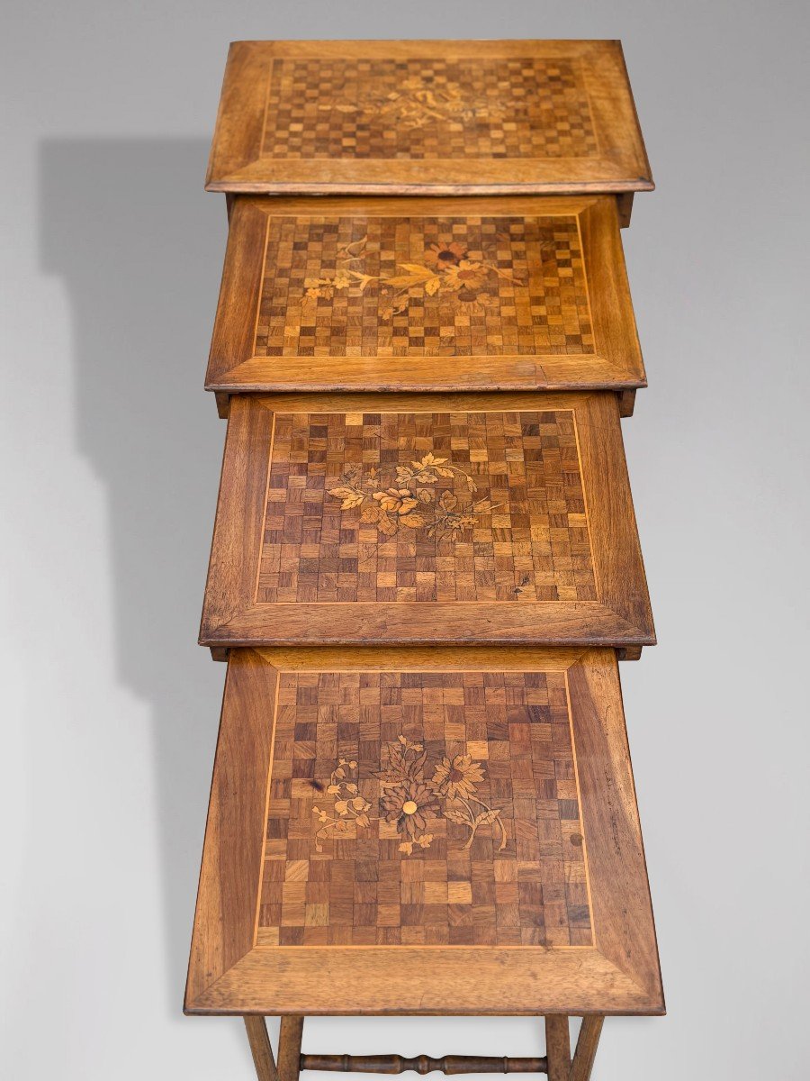 French Walnut Parquetry & Floral Inlay Nest Of Four Tables-photo-4