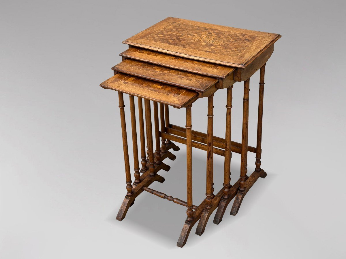 French Walnut Parquetry & Floral Inlay Nest Of Four Tables