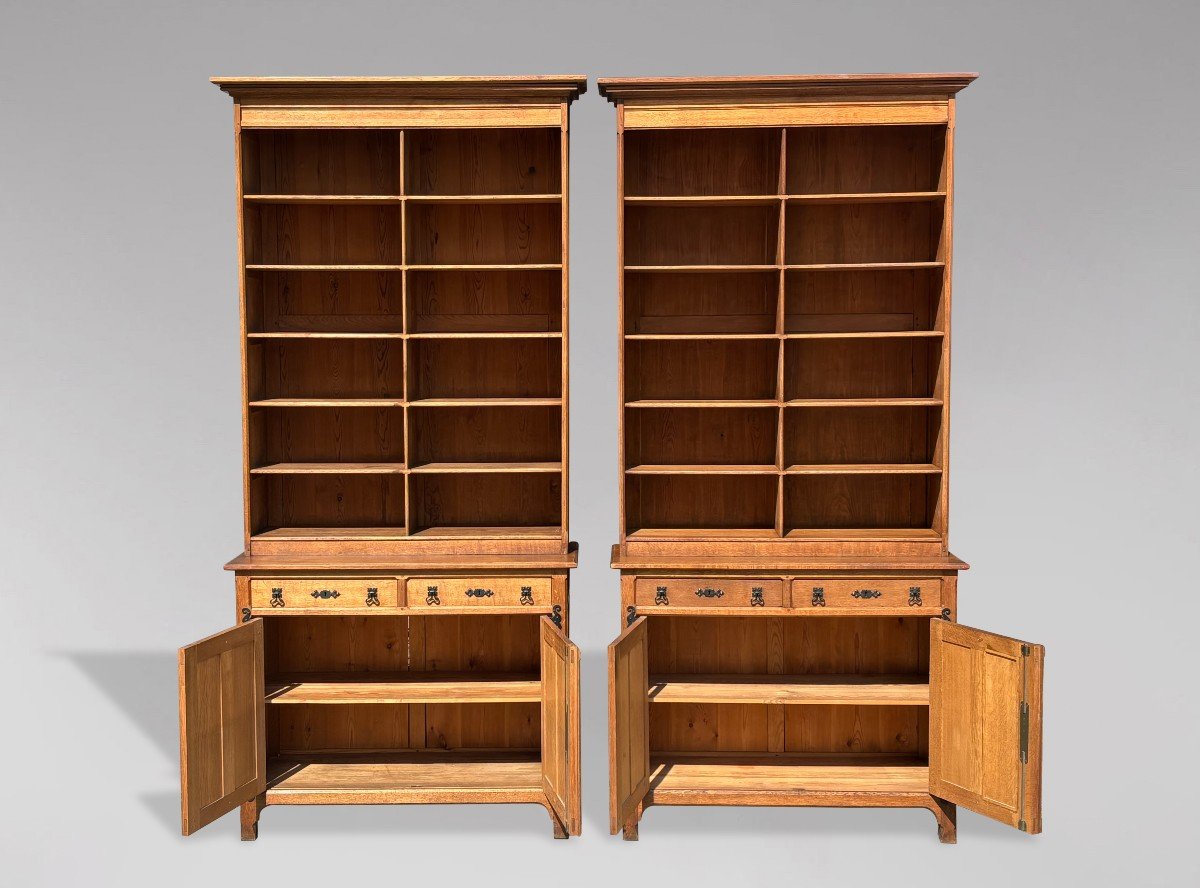 Pair Of Oak Arts And Crafts Tall Open Library Bookcases-photo-2