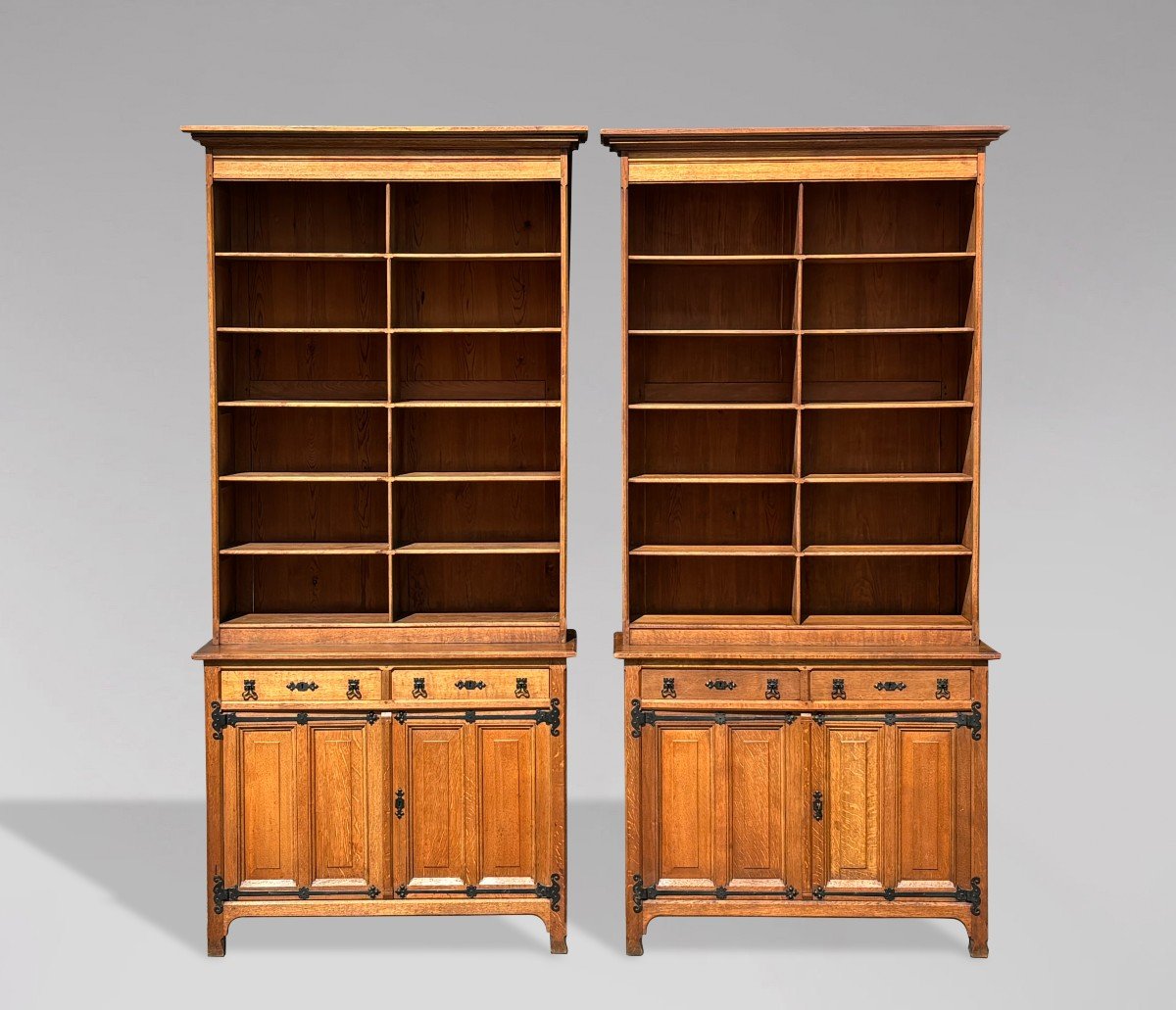 Pair Of Oak Arts And Crafts Tall Open Library Bookcases