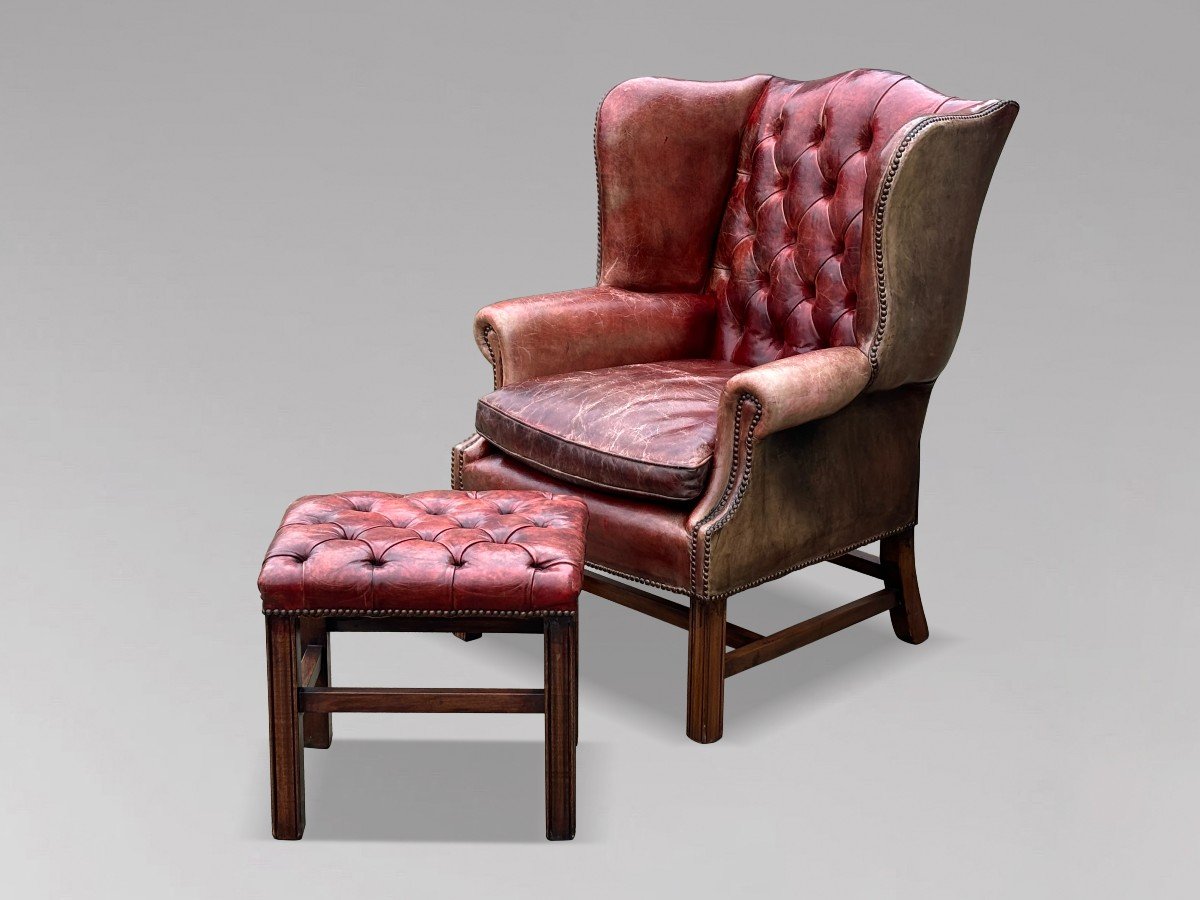 Untouched Late 19th Century Red Leather Wing Armchair-photo-2