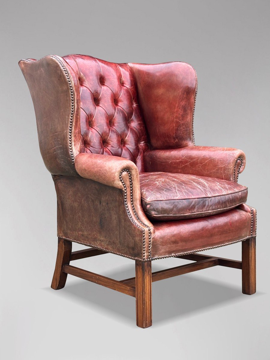 Untouched Late 19th Century Red Leather Wing Armchair-photo-3