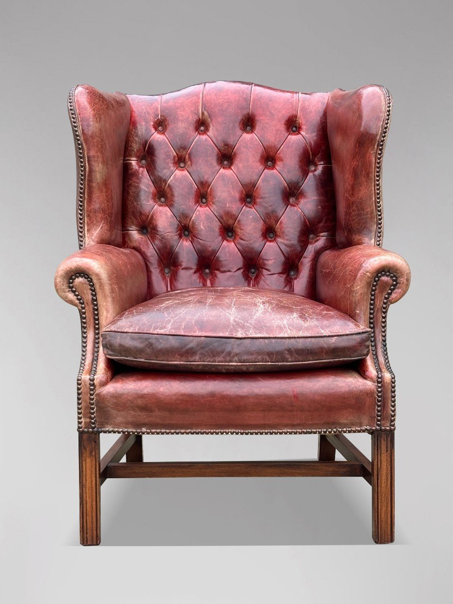 Untouched Late 19th Century Red Leather Wing Armchair-photo-4