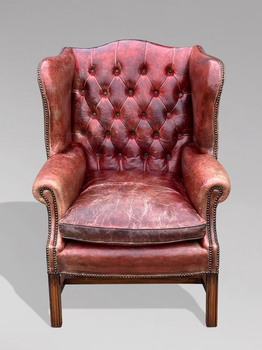 Untouched Late 19th Century Red Leather Wing Armchair-photo-1