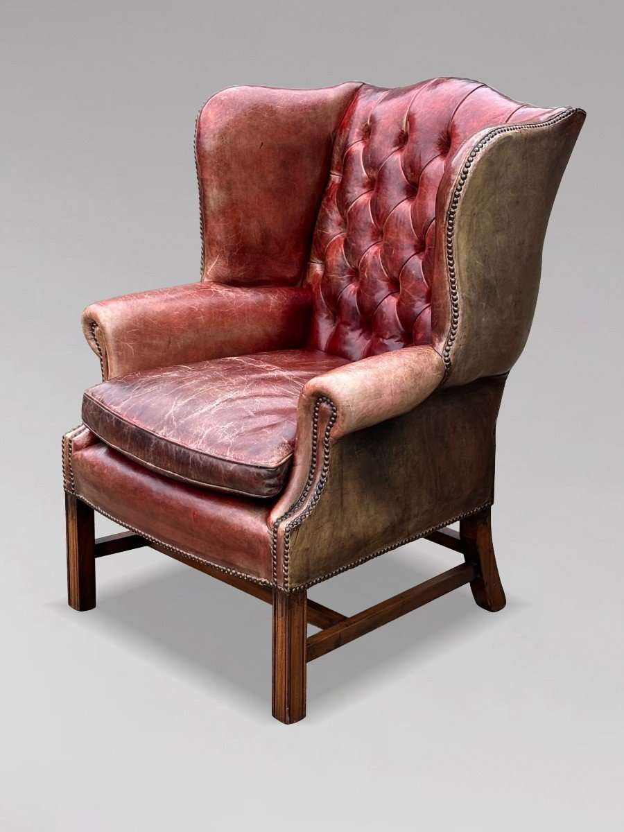 Untouched Late 19th Century Red Leather Wing Armchair-photo-3