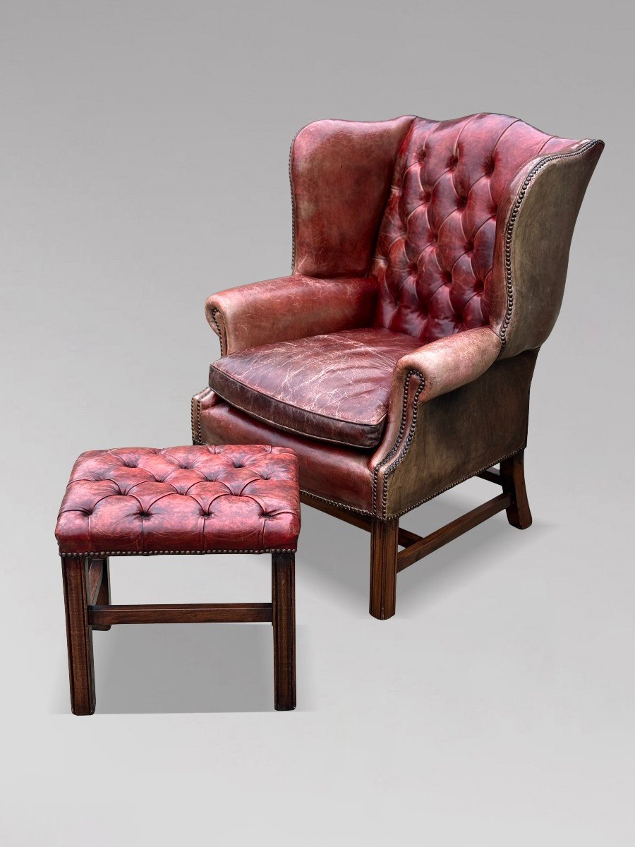 Untouched Late 19th Century Red Leather Wing Armchair-photo-4