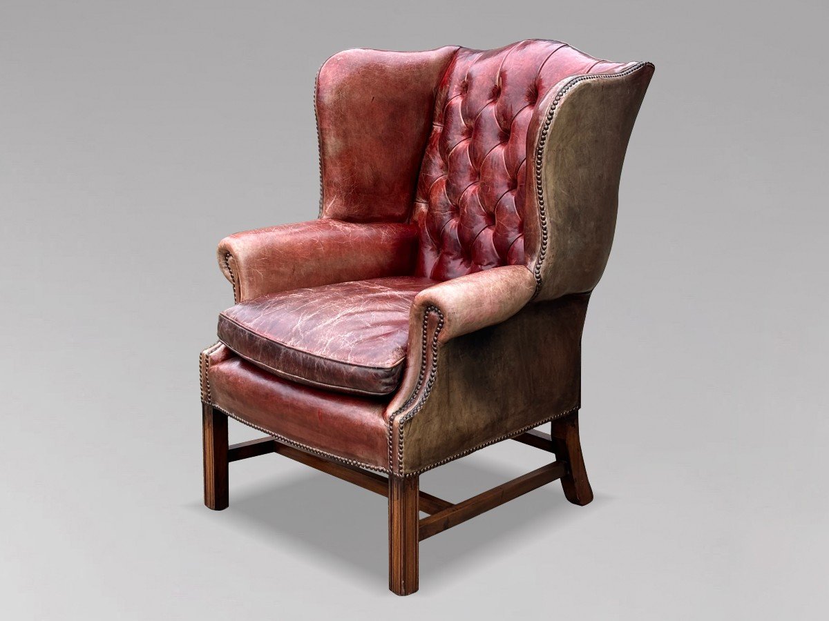 Untouched Late 19th Century Red Leather Wing Armchair