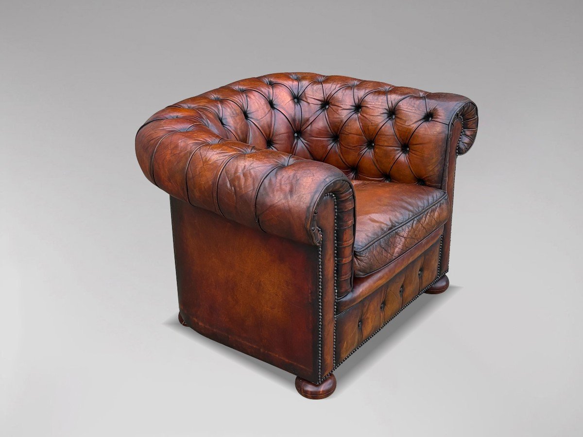 Fauteuil Club Chesterfield en Cuir Marron du Début du 20ème Siècle-photo-1