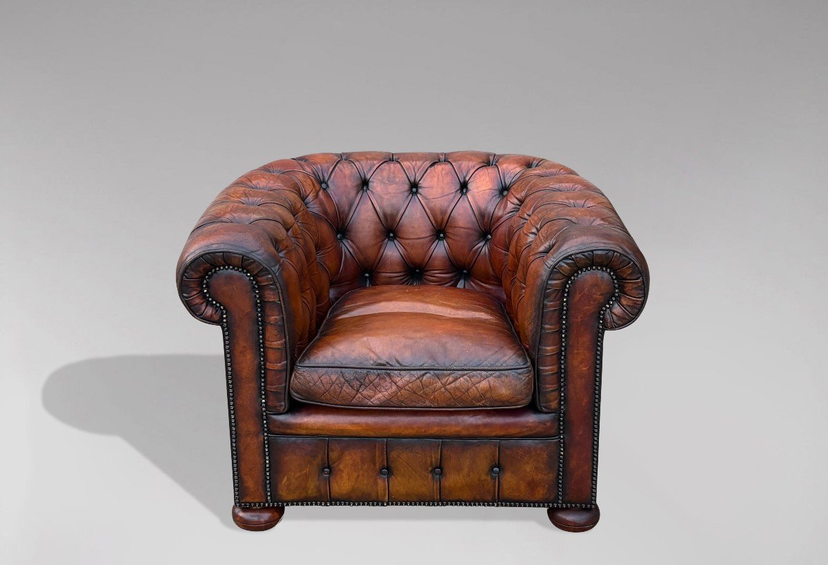 Early 20th Century Brown Leather Chesterfield Club Chair-photo-3