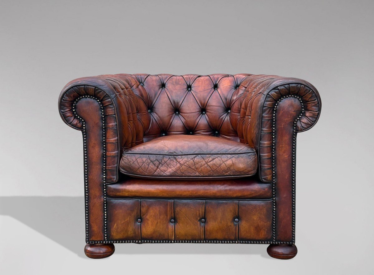 Fauteuil Club Chesterfield en Cuir Marron du Début du 20ème Siècle