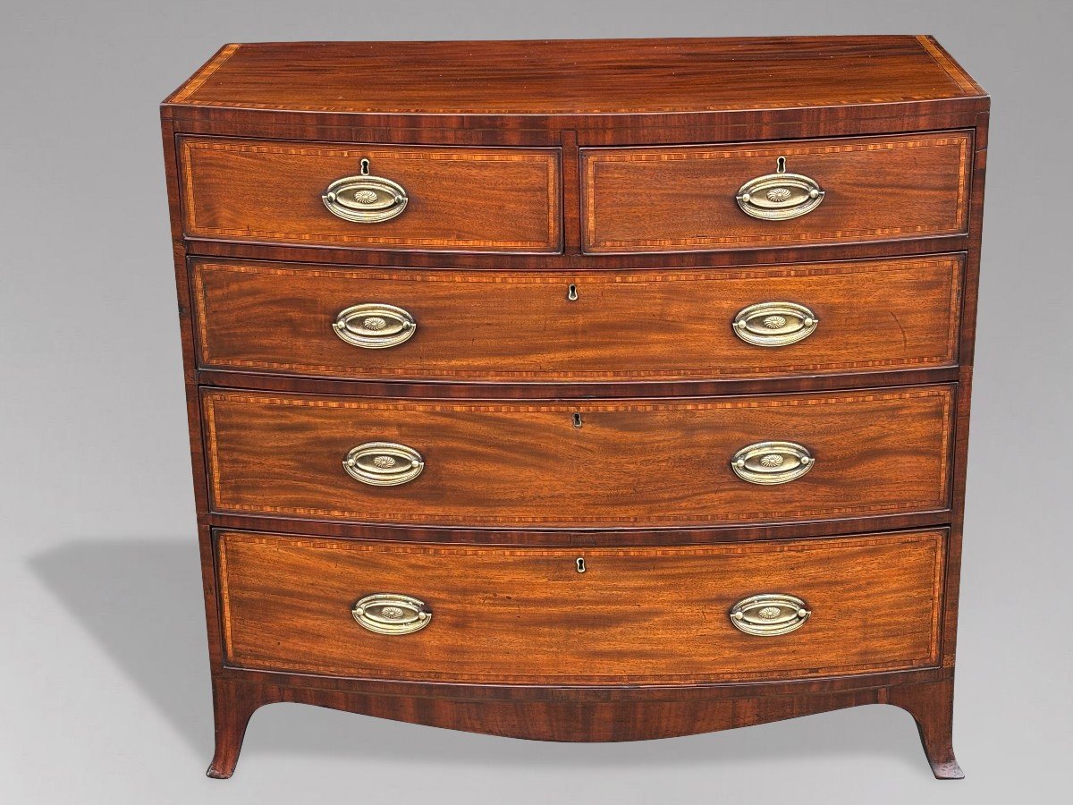 19th Century Bow Front Mahogany & Inlay Chest Of Drawers-photo-2