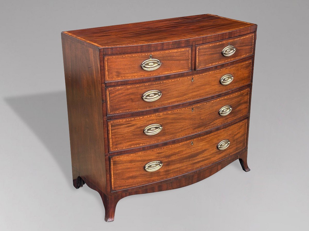 19th Century Bow Front Mahogany & Inlay Chest Of Drawers-photo-3