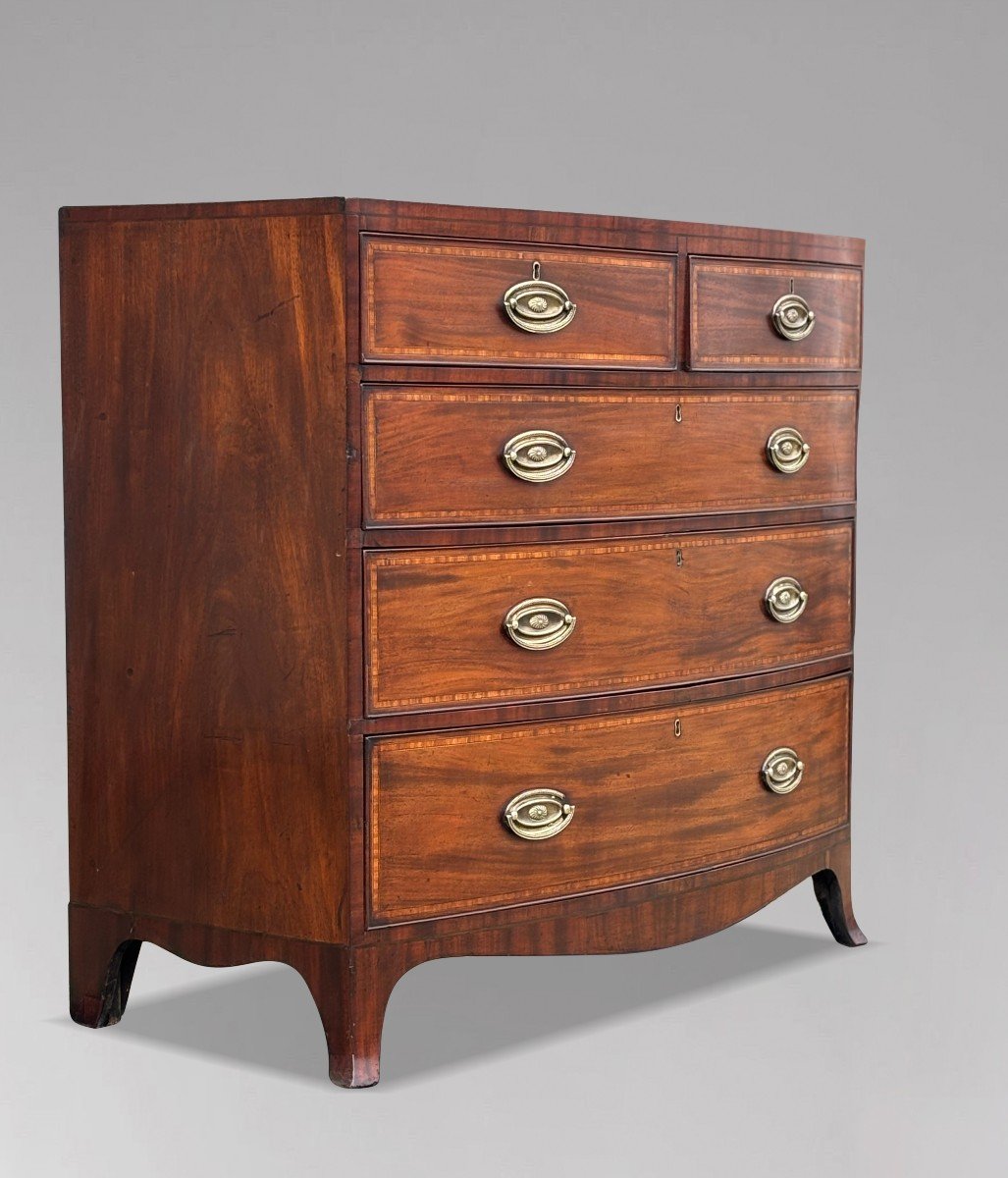 19th Century Bow Front Mahogany & Inlay Chest Of Drawers-photo-3