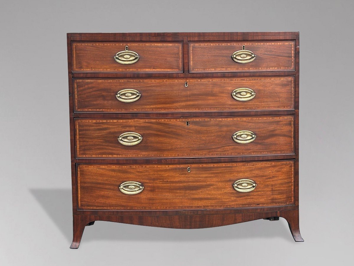 19th Century Bow Front Mahogany & Inlay Chest Of Drawers-photo-4