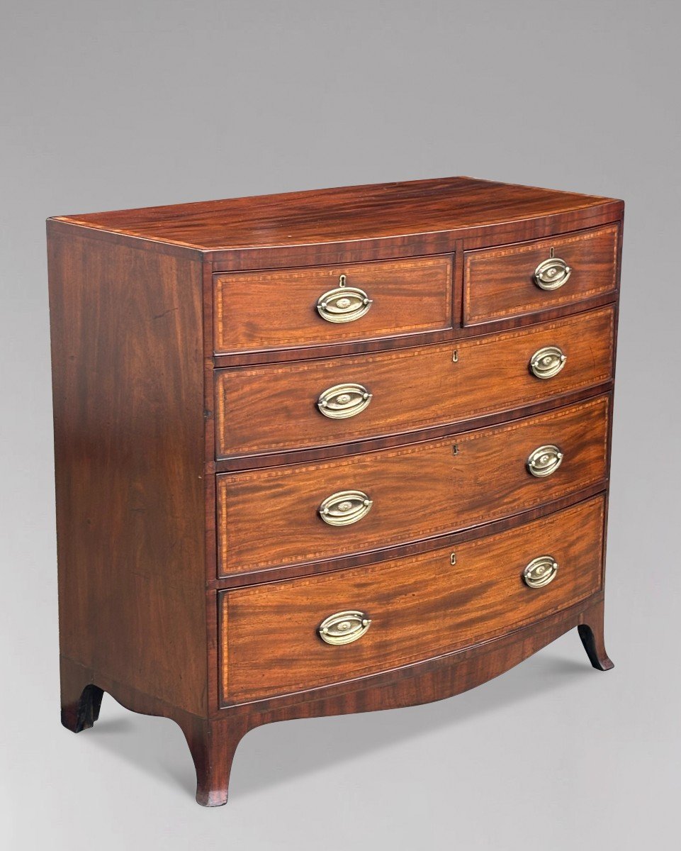 19th Century Bow Front Mahogany & Inlay Chest Of Drawers-photo-6