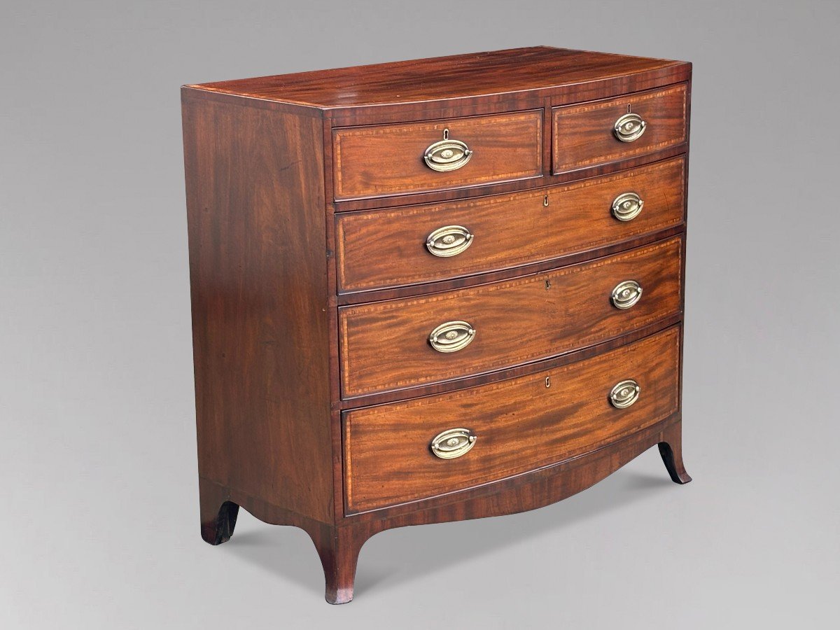 19th Century Bow Front Mahogany & Inlay Chest Of Drawers-photo-7