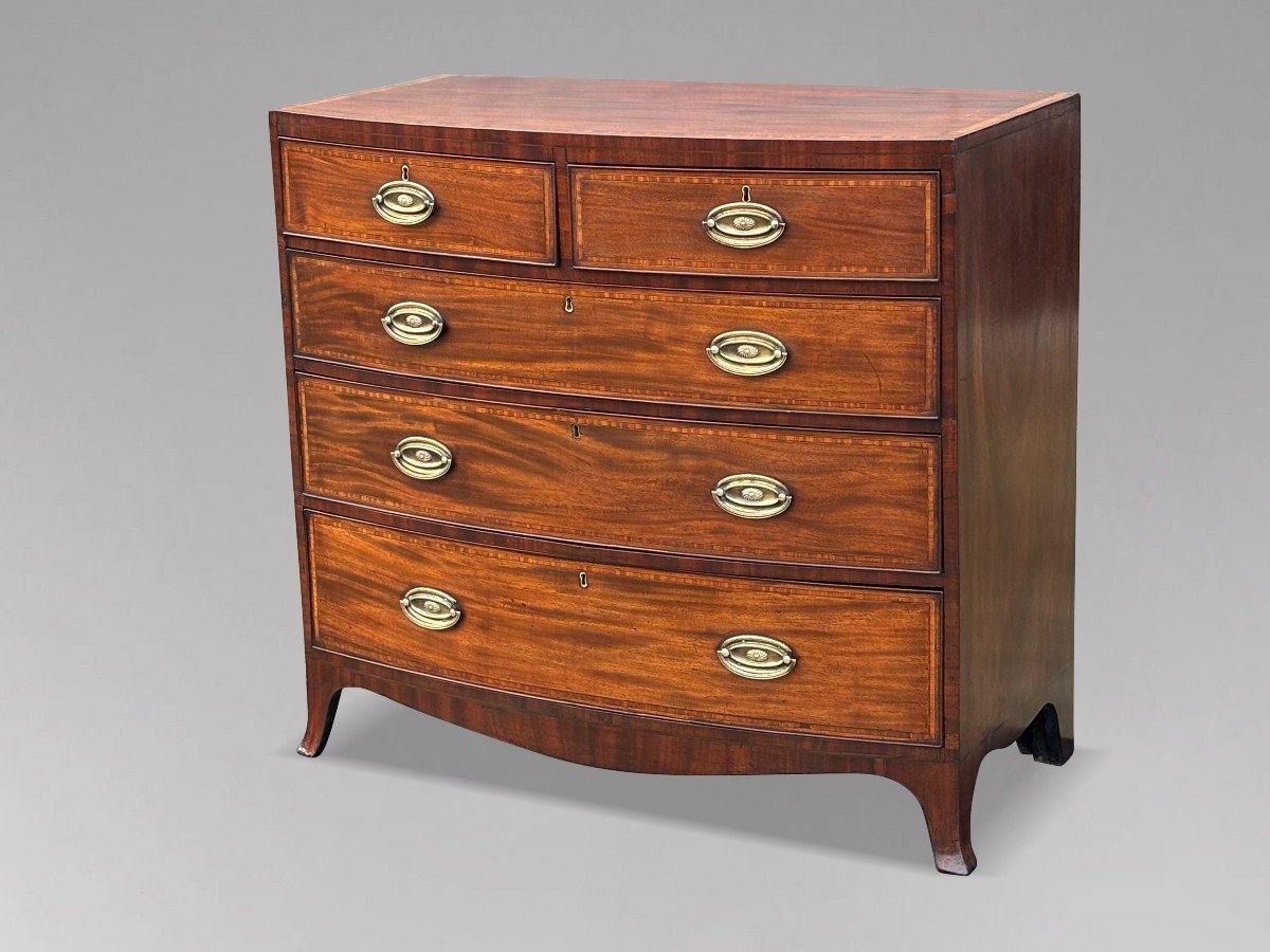 19th Century Bow Front Mahogany & Inlay Chest Of Drawers-photo-8