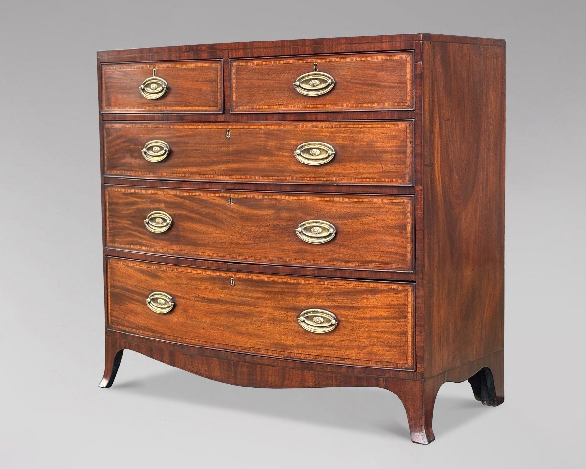 19th Century Bow Front Mahogany & Inlay Chest Of Drawers