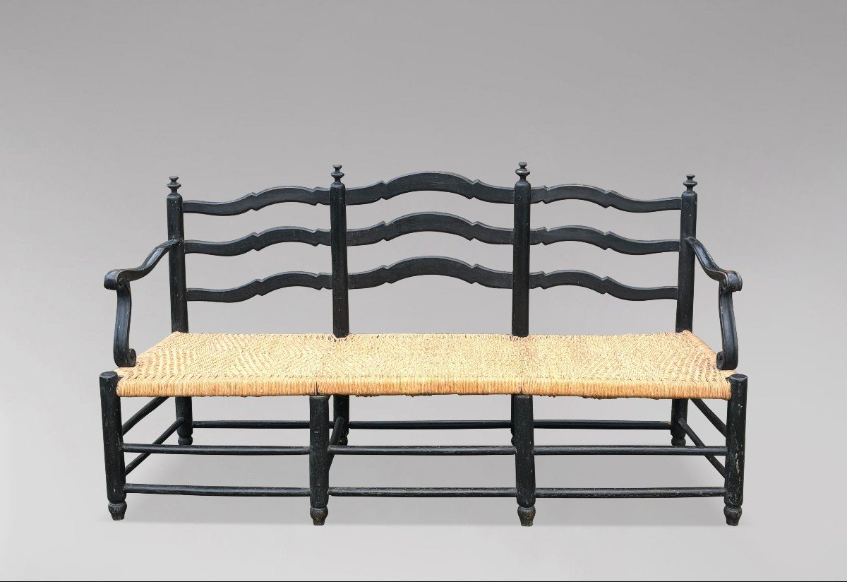 19th Century French Provincial Painted Ladder Back & Woven Rope Seat Bench-photo-2