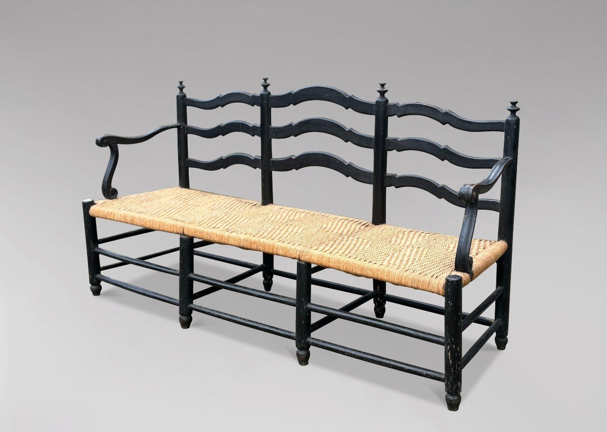 19th Century French Provincial Painted Ladder Back & Woven Rope Seat Bench