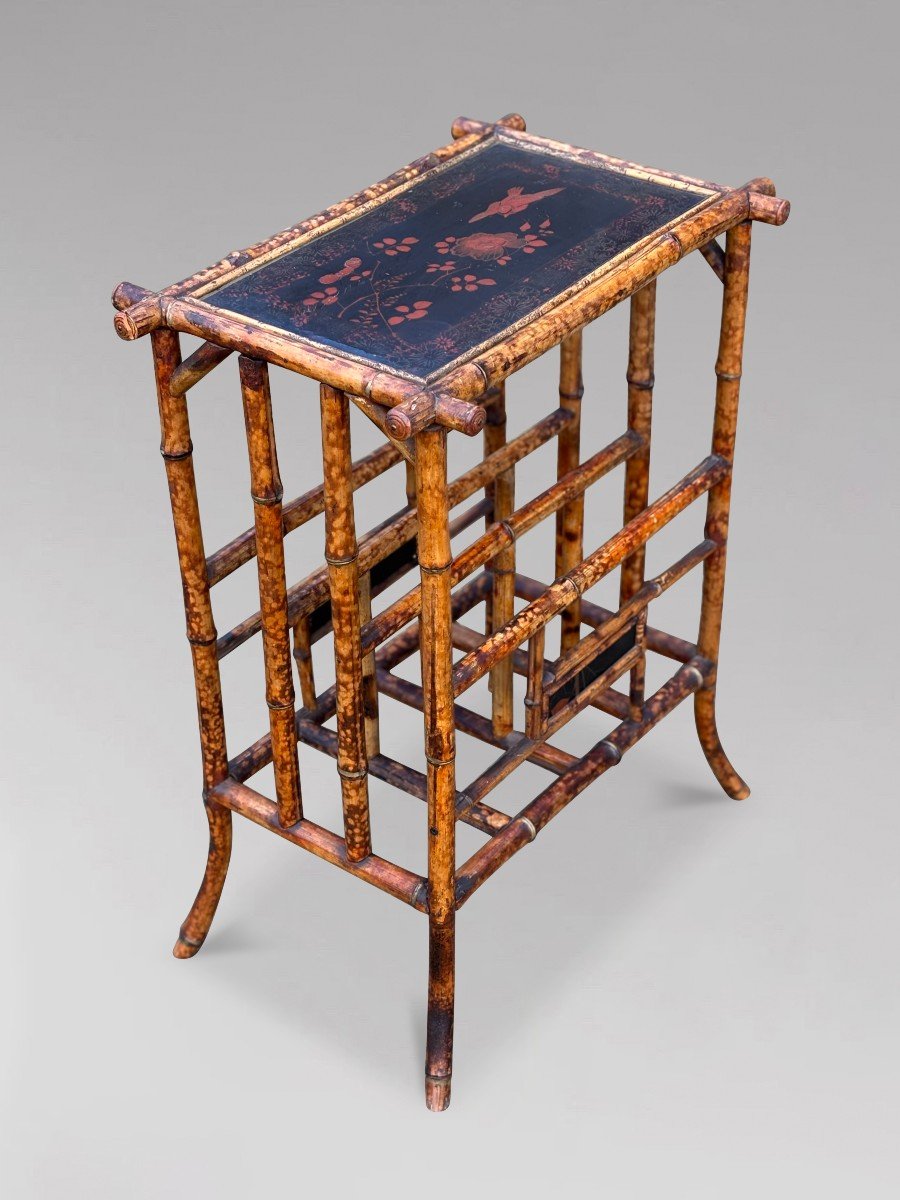 19th Century Hand Painted Tiger Bamboo Table With Magazine Rack-photo-4