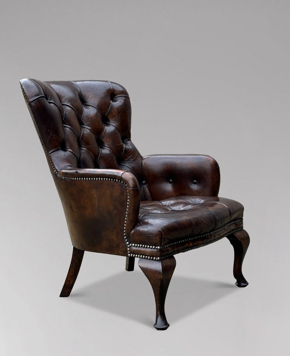 19th Century Victorian Buttoned Brown Leather Reading Armchair-photo-2