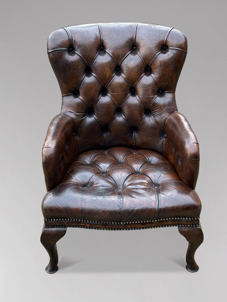 Fauteuil de Lecture Victorien Boutonné en Cuir Marron du 19ème Siècle-photo-3