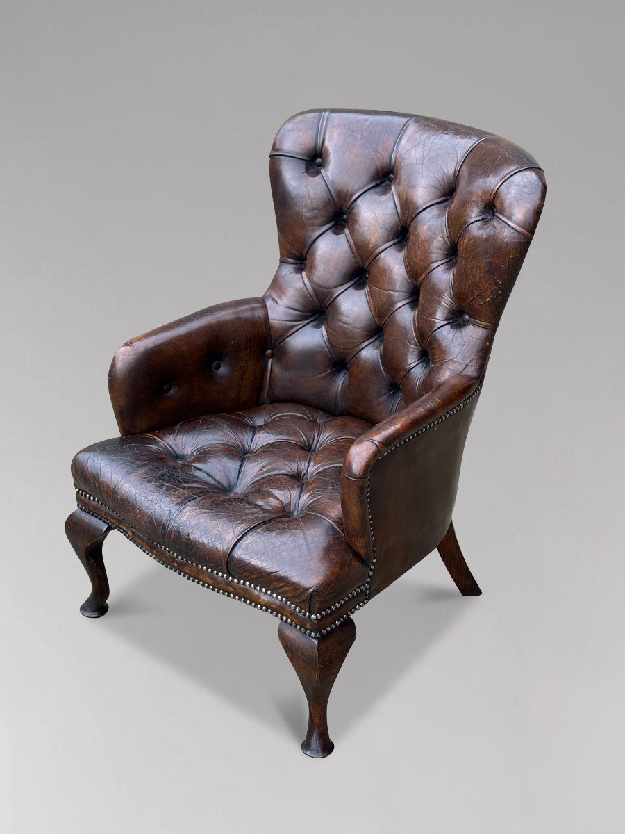 Fauteuil de Lecture Victorien Boutonné en Cuir Marron du 19ème Siècle-photo-4