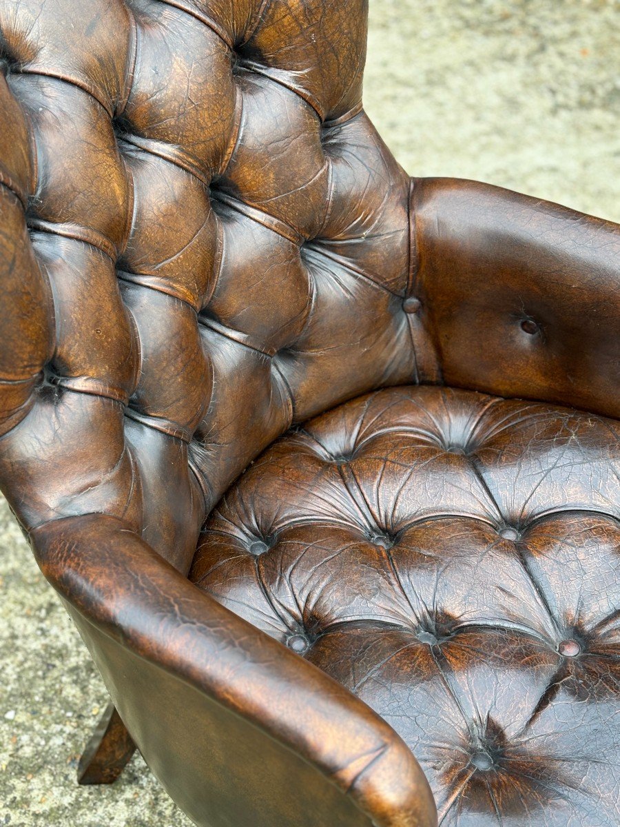 Fauteuil de Lecture Victorien Boutonné en Cuir Marron du 19ème Siècle-photo-1