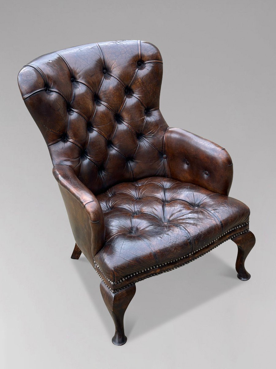 Fauteuil de Lecture Victorien Boutonné en Cuir Marron du 19ème Siècle-photo-3