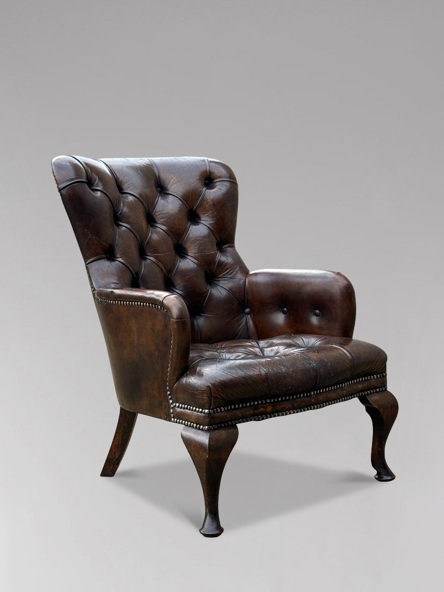 Fauteuil de Lecture Victorien Boutonné en Cuir Marron du 19ème Siècle-photo-4